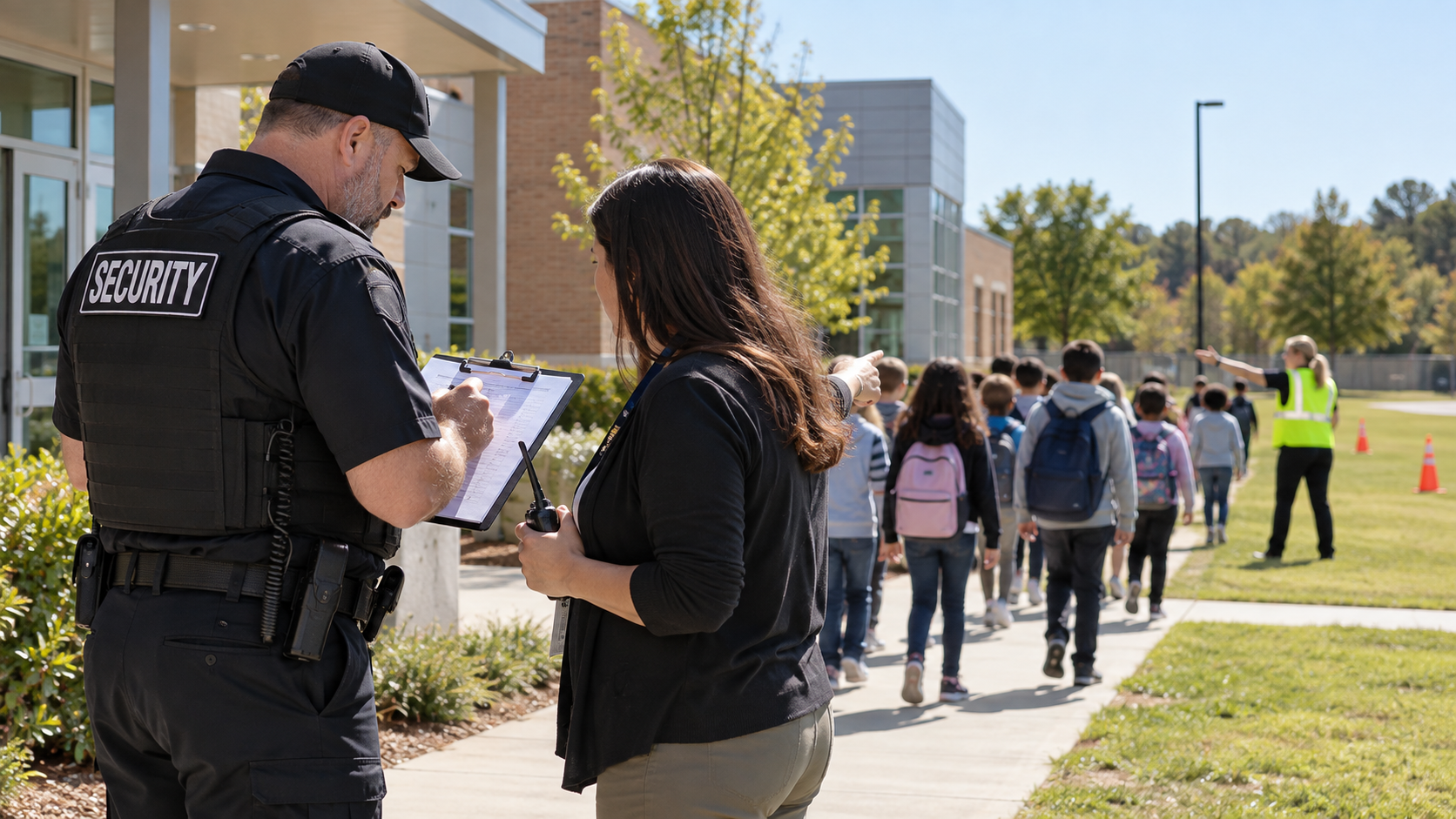 Illustration of a school security officer and staff member coordinating a drill